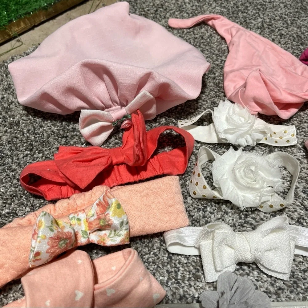 Large Lot Of 47 Baby Girl Headbands Bows & 5 Hats Infant & Toddler Stretch